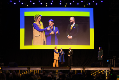 911178 Afbeelding van de 1-jarige herdenking van de Russische inval in de Oekraïne in de Jaarbeurs te Utrecht, tijdens ...